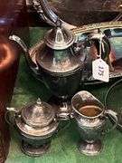 Silver plate tea pot, creamer & sugar, divided dish , silver plate wire bowl