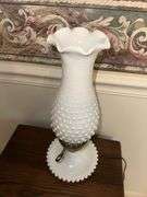 Pair of 14” tall milk glass hobnail shade lamps