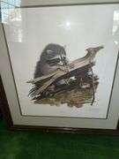 Framed watercolor, signed 27” x 31”, Ray Harm signed print “Raccoon” 25” x 27.5”