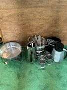 Fry daddy basket, fondue pot, sckewers, coffee server, misc