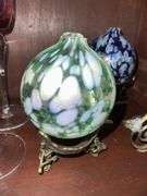 Blown glass candle holders, brass stands, clear glass ball