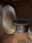 Hammered aluminum ice bucket, large yellow metal tray, aluminum stand, metal bowls
