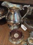 Silverplate covered serving bowl, pitcher, wire basket, wine coaster, candleholder, dish