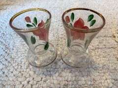 Vintage Depression Glass Amber Candy Dish, Footed, Oval Iridescent With Leaf Design, 2 small handpainted vases 4"