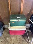 Plastic igloo cooler, vintage metal Coleman  cooler