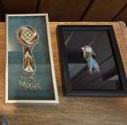 Native American beaded watch fob in frame 5” x 9.5”, beaded doll in frame 6” x 7.5”