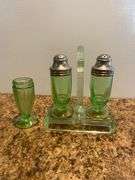 Uranium glass pieces, bowl, salt and pepper shakers, stand and shaker with no cap