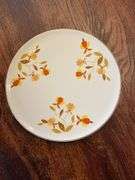 Vintage dishes, yellow divided plate, pink pressed glass plate, Hall plate, bowls
