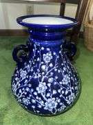 17” tall Cobalt blue glass vase with hand painted design, 12” white and blue decorative 2 handle vase