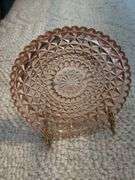 Fostoria pink Depression glass creamer & sugar, plate 7" dia