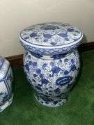 Blue and white painted garden stool 11.5” tall, blue and white vase 14.5” tall