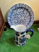 Blue/white porcelain pitcher, 16” repaired round platter