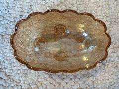 Vintage Depression Glass Amber Candy Dish, Footed, Oval Iridescent With Leaf Design, 2 small handpainted vases 4"