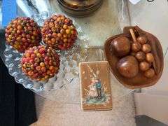 Covered wood box, glass plate with decor, wood fruit