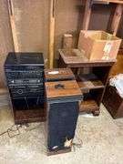 Sound design stereo, wood cabinet, books