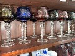 Etched crystal wine glasses with colored top and clear stems