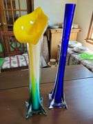 Yellow Blue Gradient Murano Art Glass Jack in the Pulpit Vase 16”, Vintage Skinny Tall Cobalt Blue Glass Vase 16"