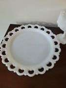 Vintage Fenton Milk Glass Cabbage Rose Pedastal w/Lid, Anchor Hocking 13" Lace Edge Platter