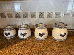 Ceramic pieces sponge and blue hearts design, 4 canisters, grease jar, recipe box, S&P shakers, miscellaneous