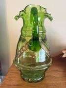 Antique, hand enameled pitcher 10" t