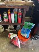 Wood bench w/ double end grinder, yard chemicals, rope, plastic owl & misc