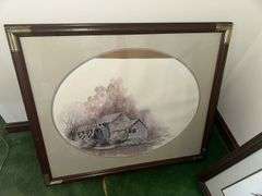 Framed watercolor, signed 27” x 31”, Ray Harm signed print “Raccoon” 25” x 27.5”