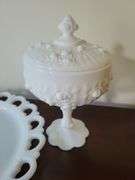 Vintage Fenton Milk Glass Cabbage Rose Pedastal w/Lid, Anchor Hocking 13" Lace Edge Platter