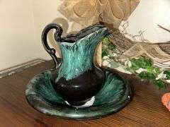 Small ceramic pitcher and bowl, grapevine wreath, Avon ‘36 Ford bottle, back scratcher, decorative car