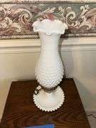 Pair of 14” tall milk glass hobnail shade lamps