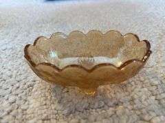 Antique double handle jar with lid, doily, china creamer & sugar