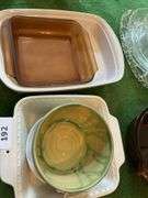 Corningware baking dish, pottery bowl, Anchor Hocking amber dishes