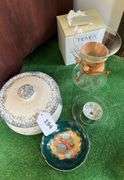 Covered stoneware pot, coffee glass brewer & filters, porcelain small bowl