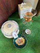 Covered stoneware pot, coffee glass brewer & filters, porcelain small bowl