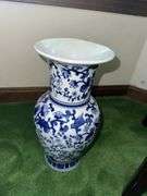2 blue and white decorative vases 14” tall