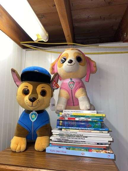 2 large Paw Patrol stuffed animals, lot of books some Dr. Suess image