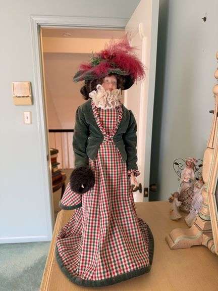 Clear glass dresser lamp 15", doll with porcelain head and hands 20" image