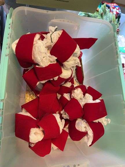 4 tubs with Christmas bows, decorations, boxes, bows, misc image