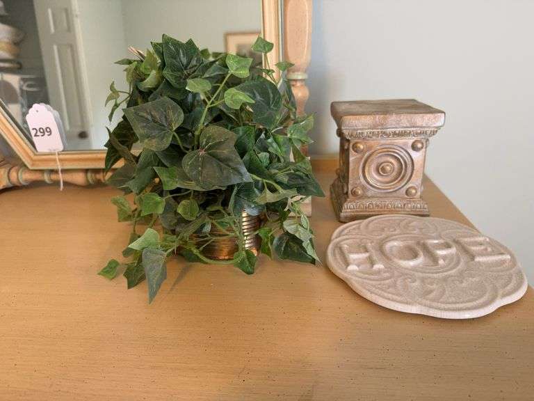 "Hope" ceramic wall hanging, brass planter, small pedestal image