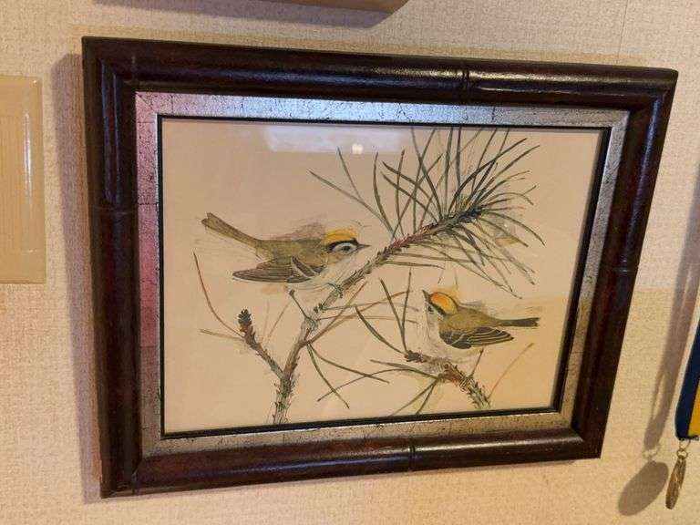 Framed bird print 13 1/2 x 10 1/2, framed drawing of home, medal image