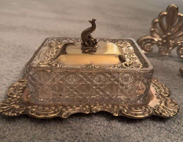 4 Vintage Silver Napkin Letter Mail Holder Flower Design, 2 knife rests,  covered glass dish with tray image