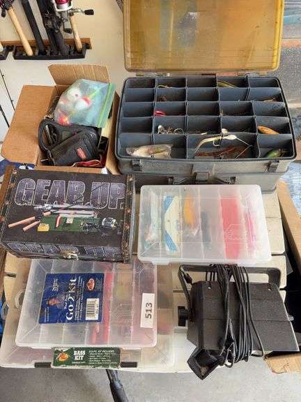Lowrance flasher unit, worms, tackle boxes, scale, lures image