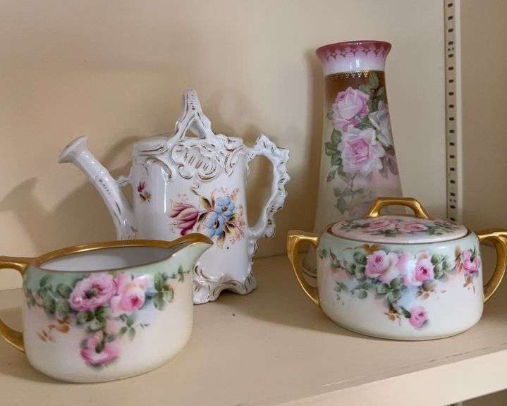 Vintage porcelain 5.5” hand painted watering can, hand painted creamer, sugar and 7” vase Germany image