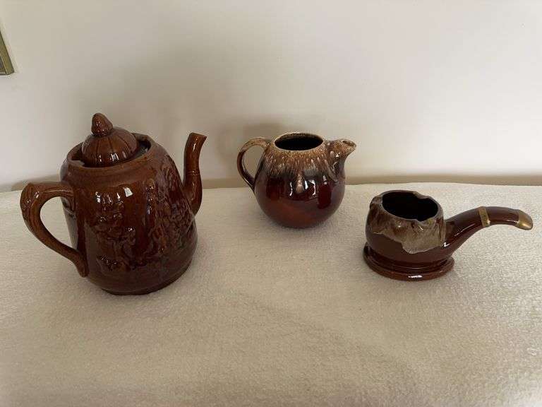 Vintage Hull Pottery Brown Drip Glaze Teapot, brown glaze pitcher,  vintage Napcoware ceramic pipe-shaped ashtray image
