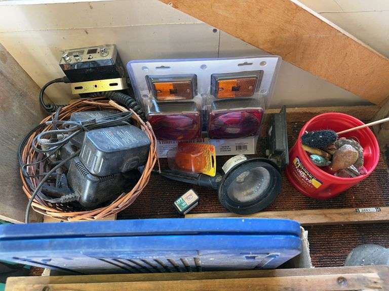 Wooden project table, led solar flood light, new trailer light kit, cb and misc image