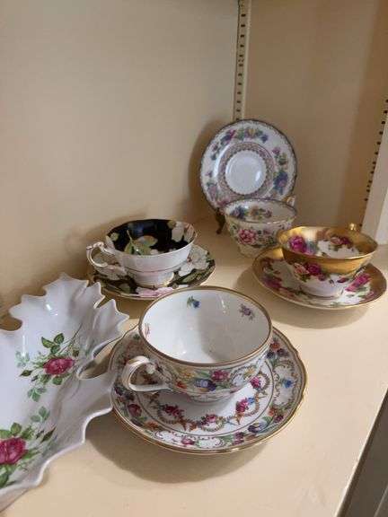 Four China cup and saucers, leaf shaped tidbit dish image