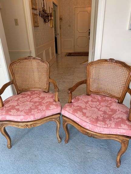 Pair of French Country Style Double Cane Back Accent Side Chair Carved Details Cushion with cushion image