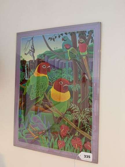 Framed parrot print 20" x 28" and two stuffed parrots ￼ image