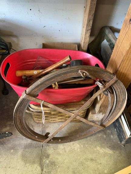 Plumbing snake, hammers, vintage tool caddy, misc image