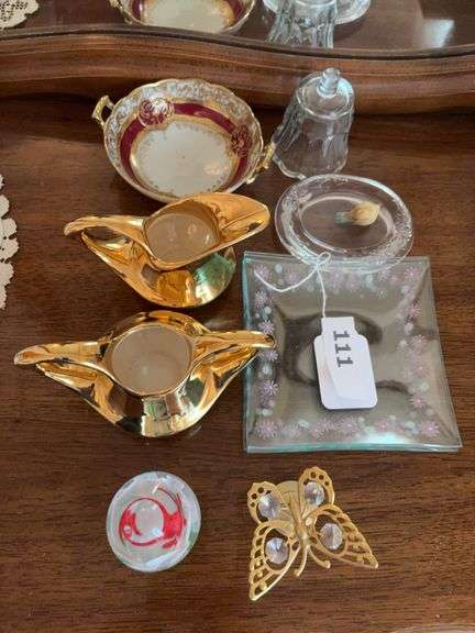 Gold lustre dishes, paperweight, butterfly, decorated square saucers image