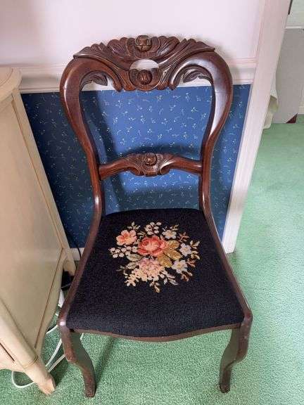 2 carved back chairs with needle point seats image